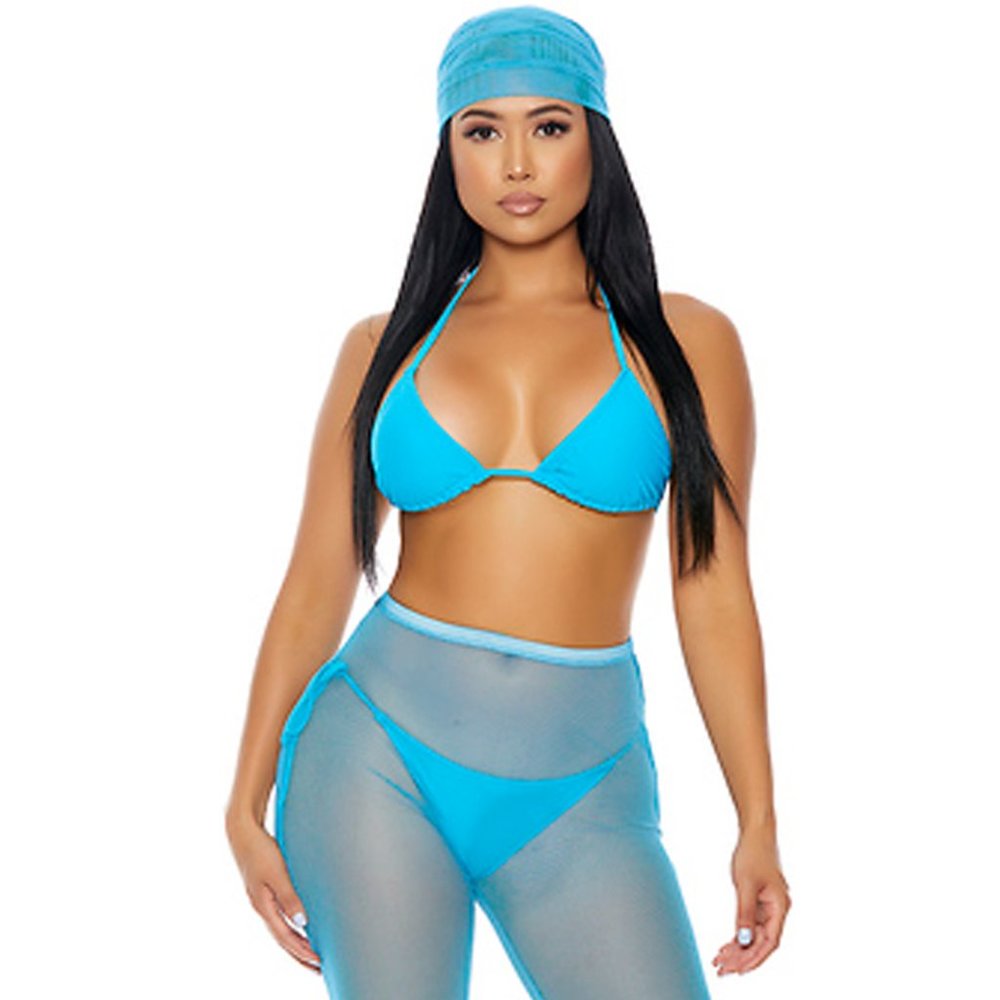 Halter Bikini Set with Matching Coverup Shorts and Head Wrap - Turquoise